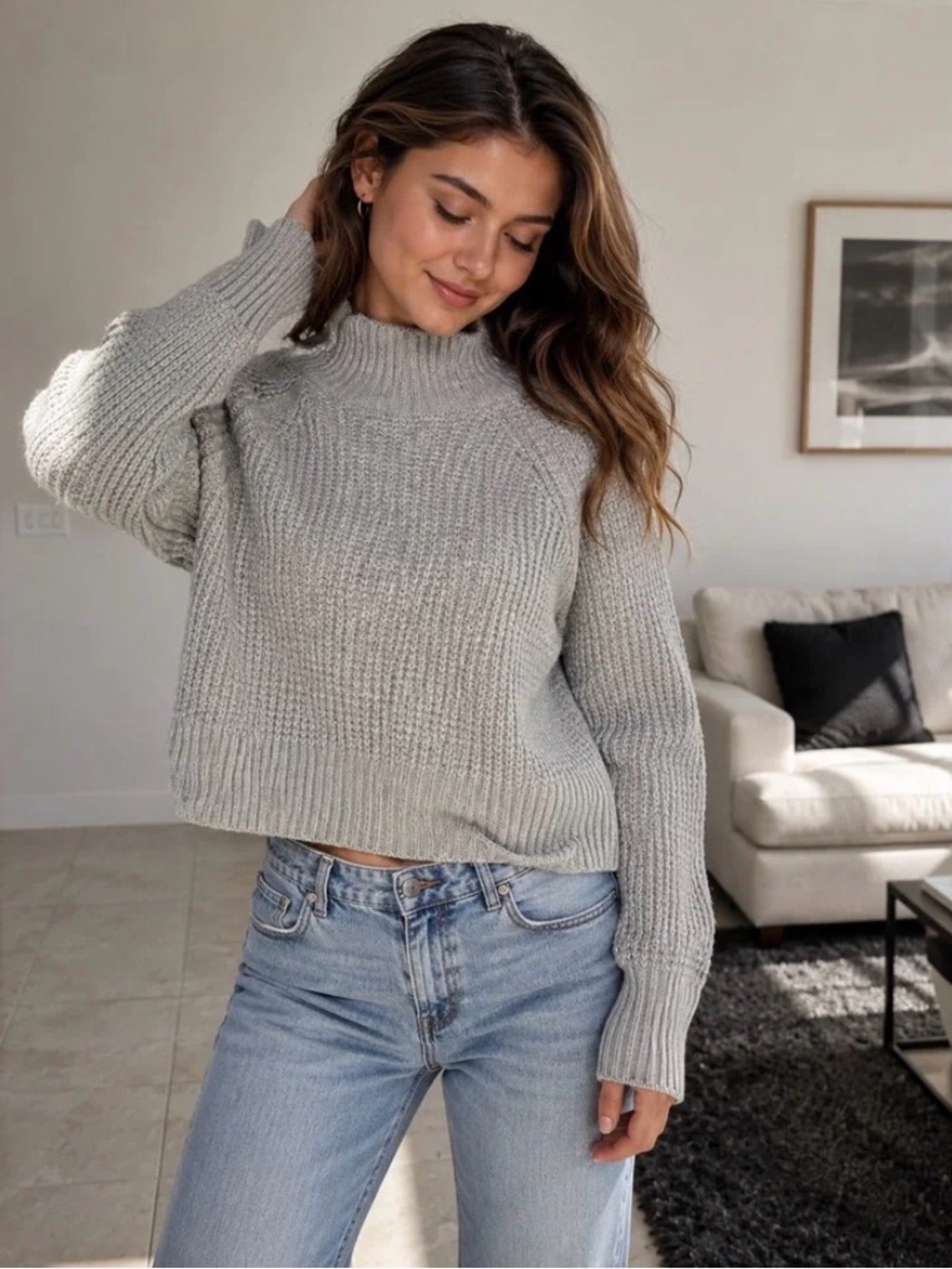 American Eagle Outfitters Light Gray Waffle-Knit Mock Neck Sweater